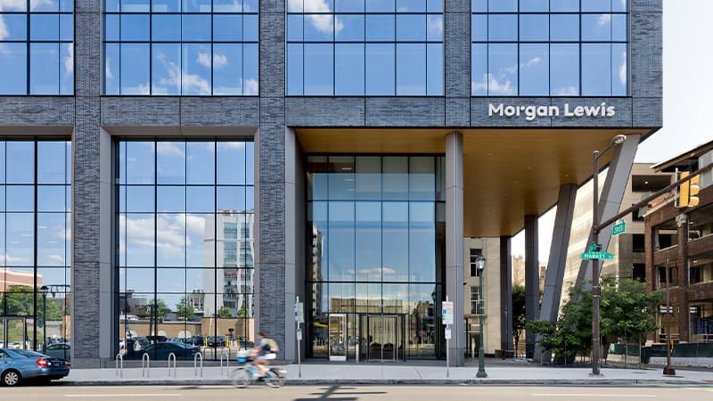 Column covers at 2222 Market Street in Philadelphia, featuring Pure + FreeForm's silver Frozen Hairline metal finish, showcasing a sleek, frosted texture that enhances the building’s modern architectural design.