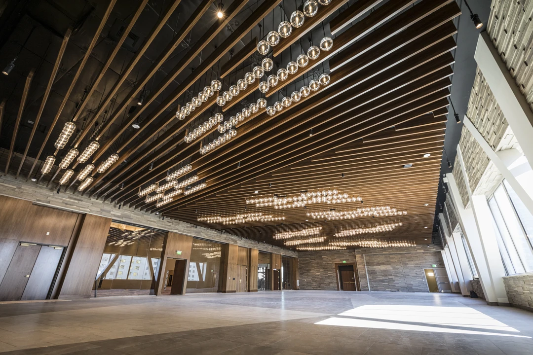 AriaConventionCenter_InteriorCeiling_Baffle_CustomWoodgrain1