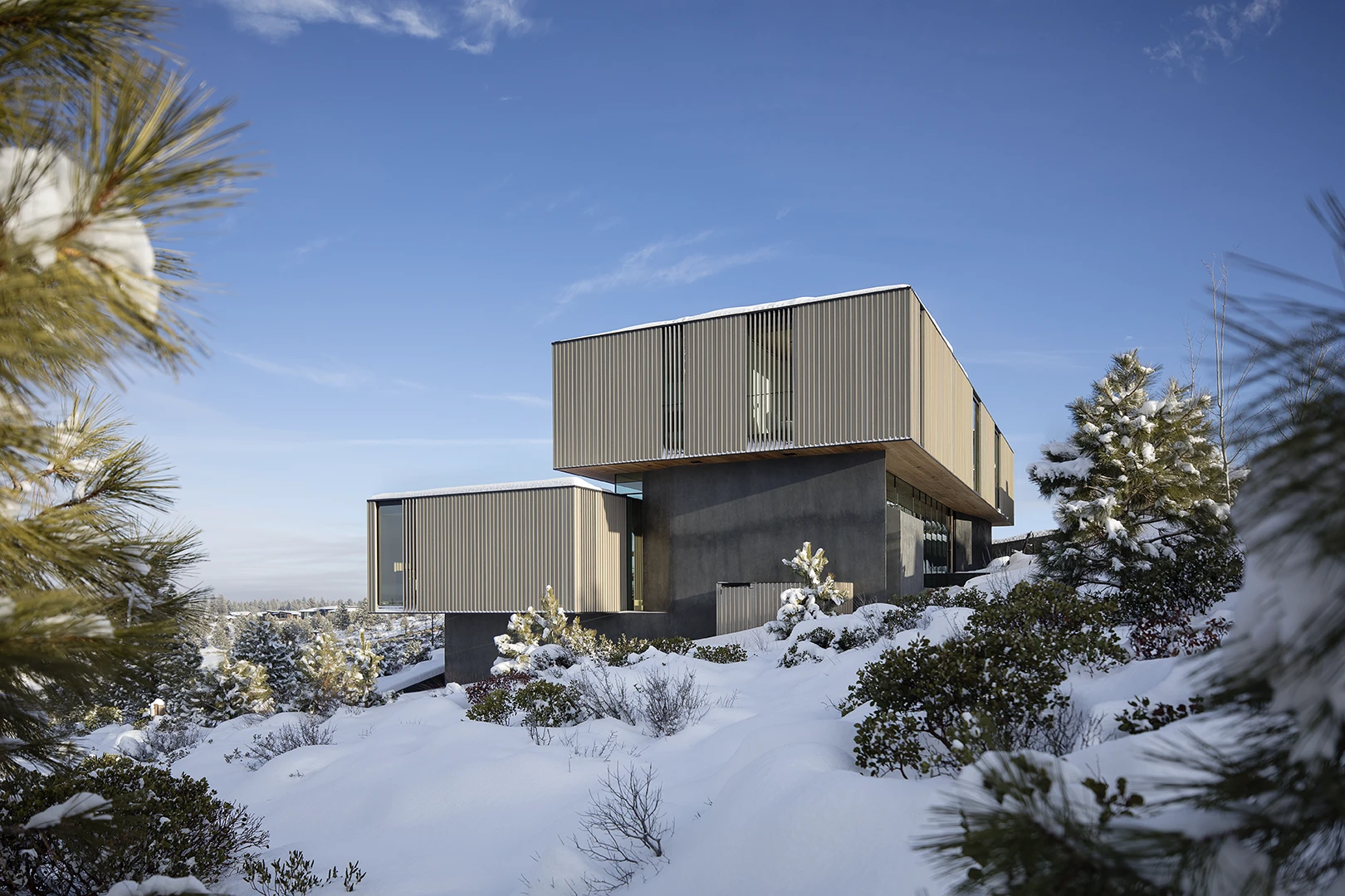 TetherowOverlookHouse_ExteriorWalls_Woodgrain2 High end residence wrapped in a woodgrain finish.